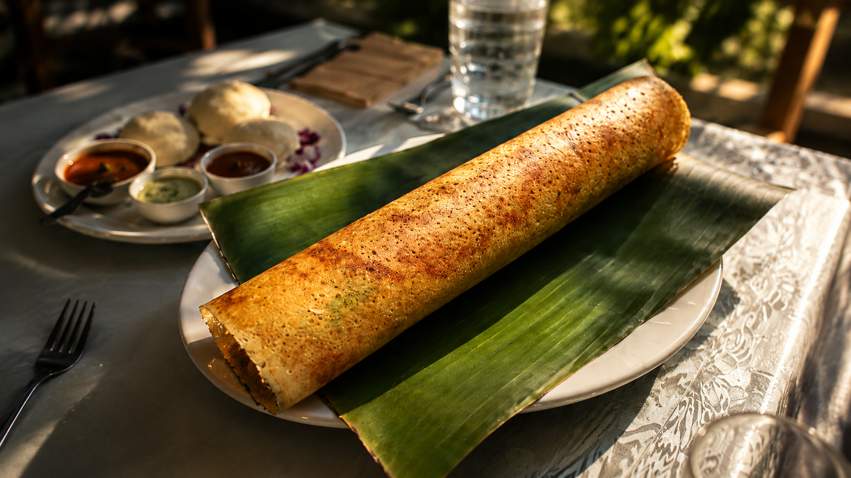 A four-foot crispy paper dosa served on a banana leaf at Peppino's Dosa, Waltham