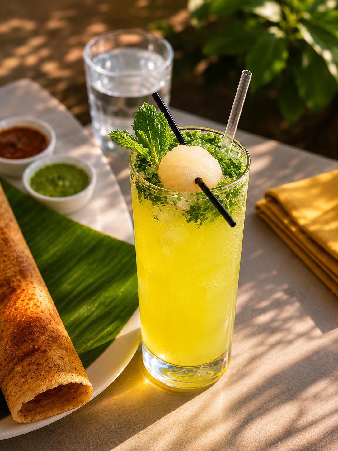 Fresh mango cooler served alongside a golden dosa at Peppino's Dosa, Waltham