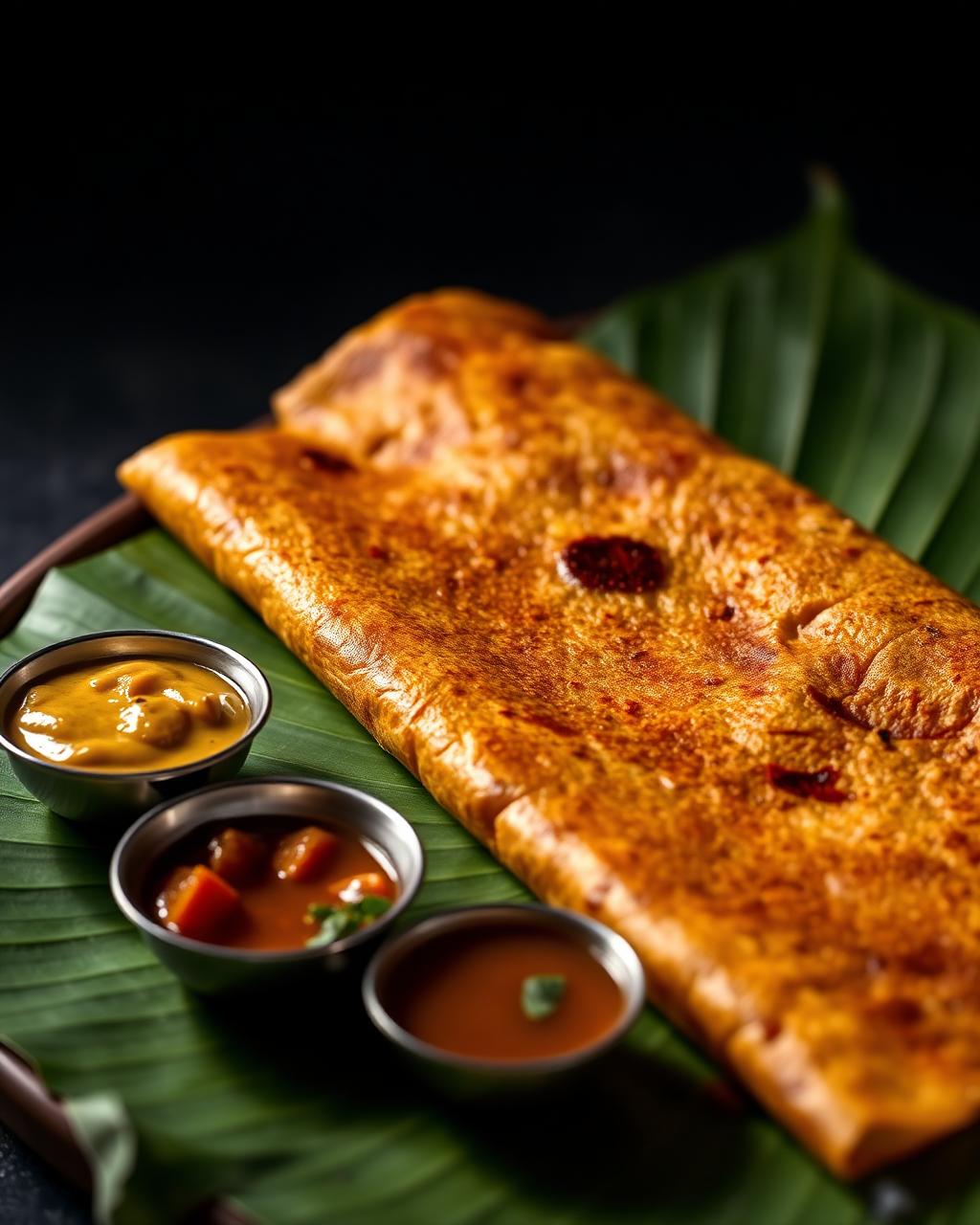 A freshly griddled masala dosa served with sambar and chutneys
