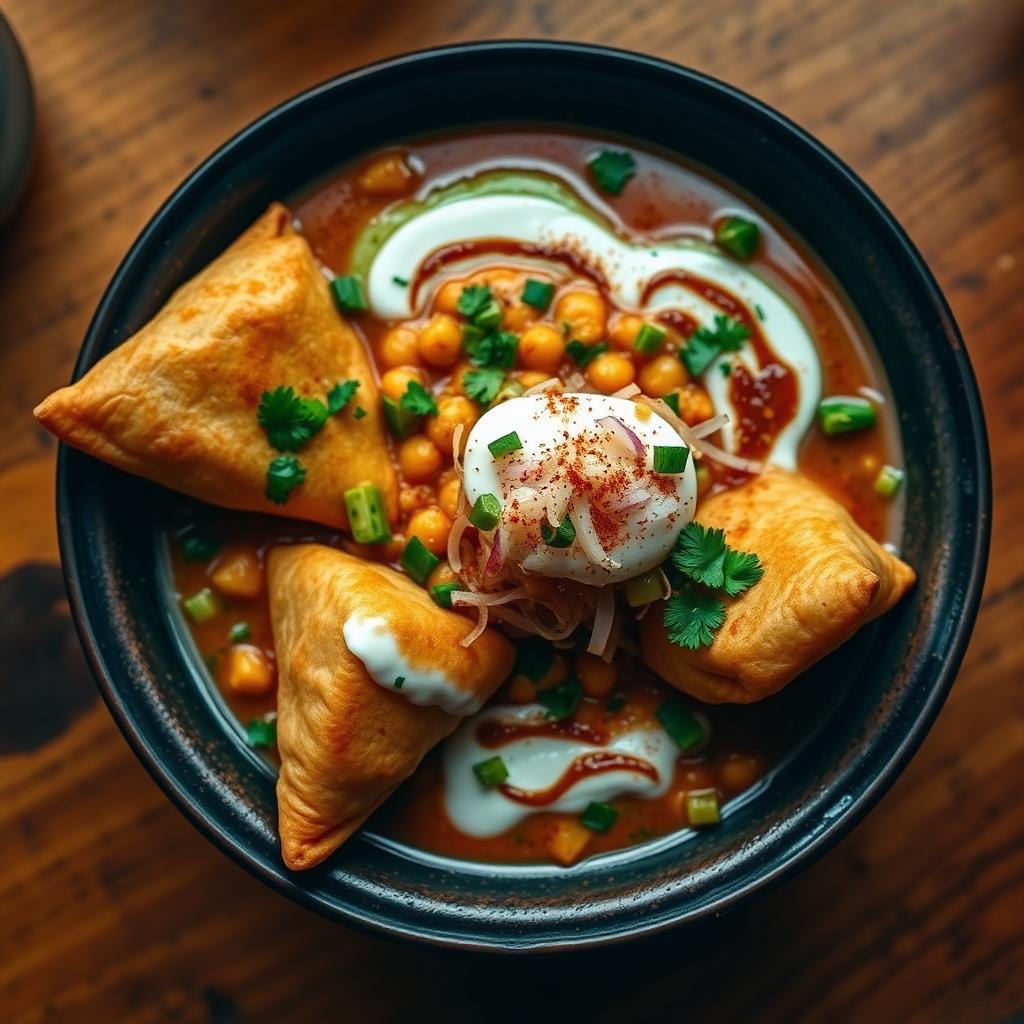 Samosa chaat with tamarind and mint chutneys at Peppino's Dosa, Waltham